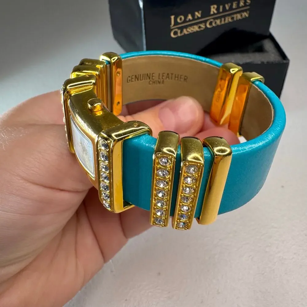 joan rivers classics turquoise leather crystal cuff watch gold tone quartz